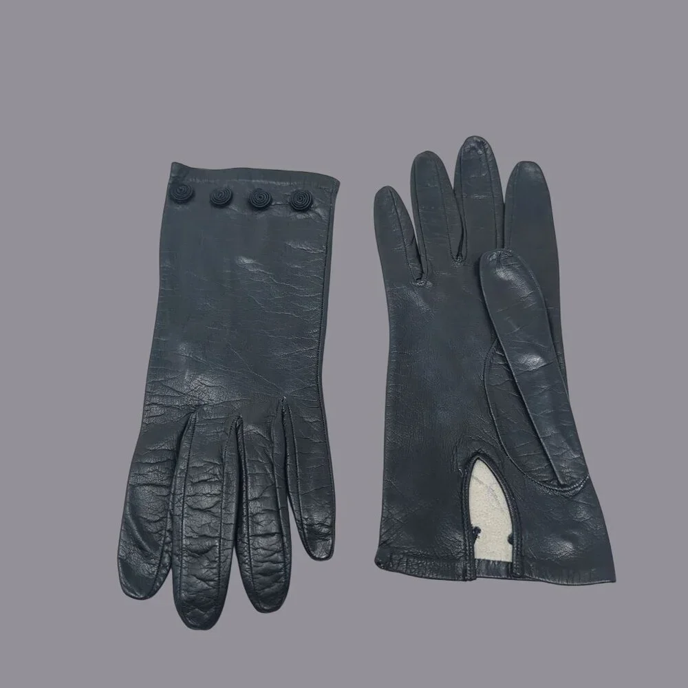 Vintage Antique Black Leather Gloves Wrist Rosettes